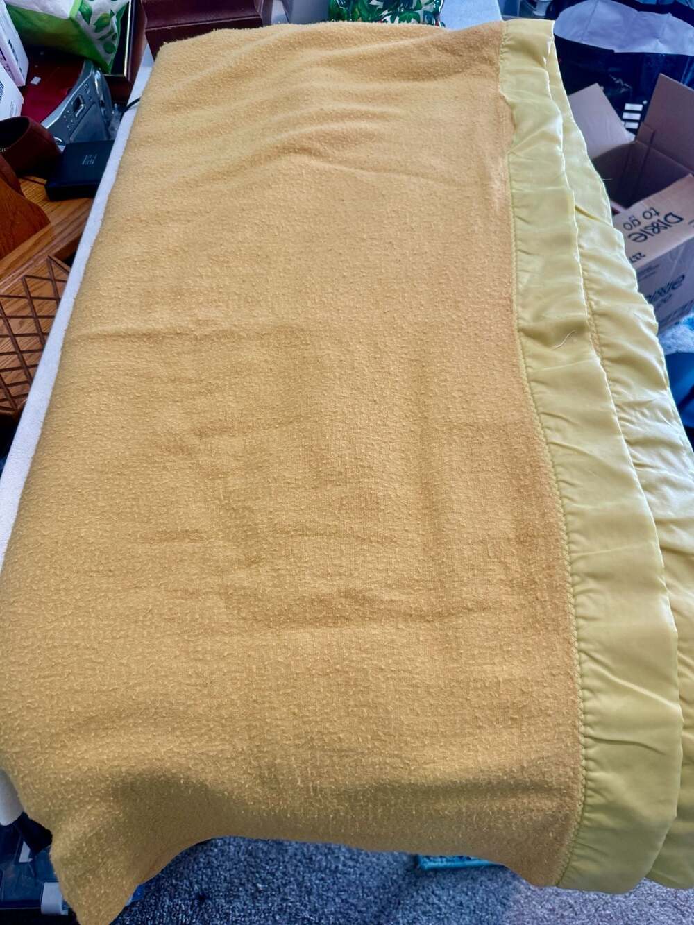 Vintage Queen Size Wool Blanket in Mustard Yellow with Satin Binding